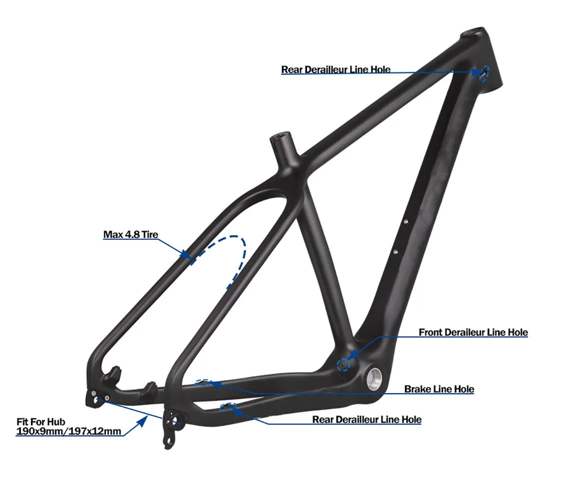 High Quality 26inch Carbon Fiber Tapered Head Tube Light Weight Carbon Fiber T1000 Fat Tire Bicycle Frame Carbon Frame