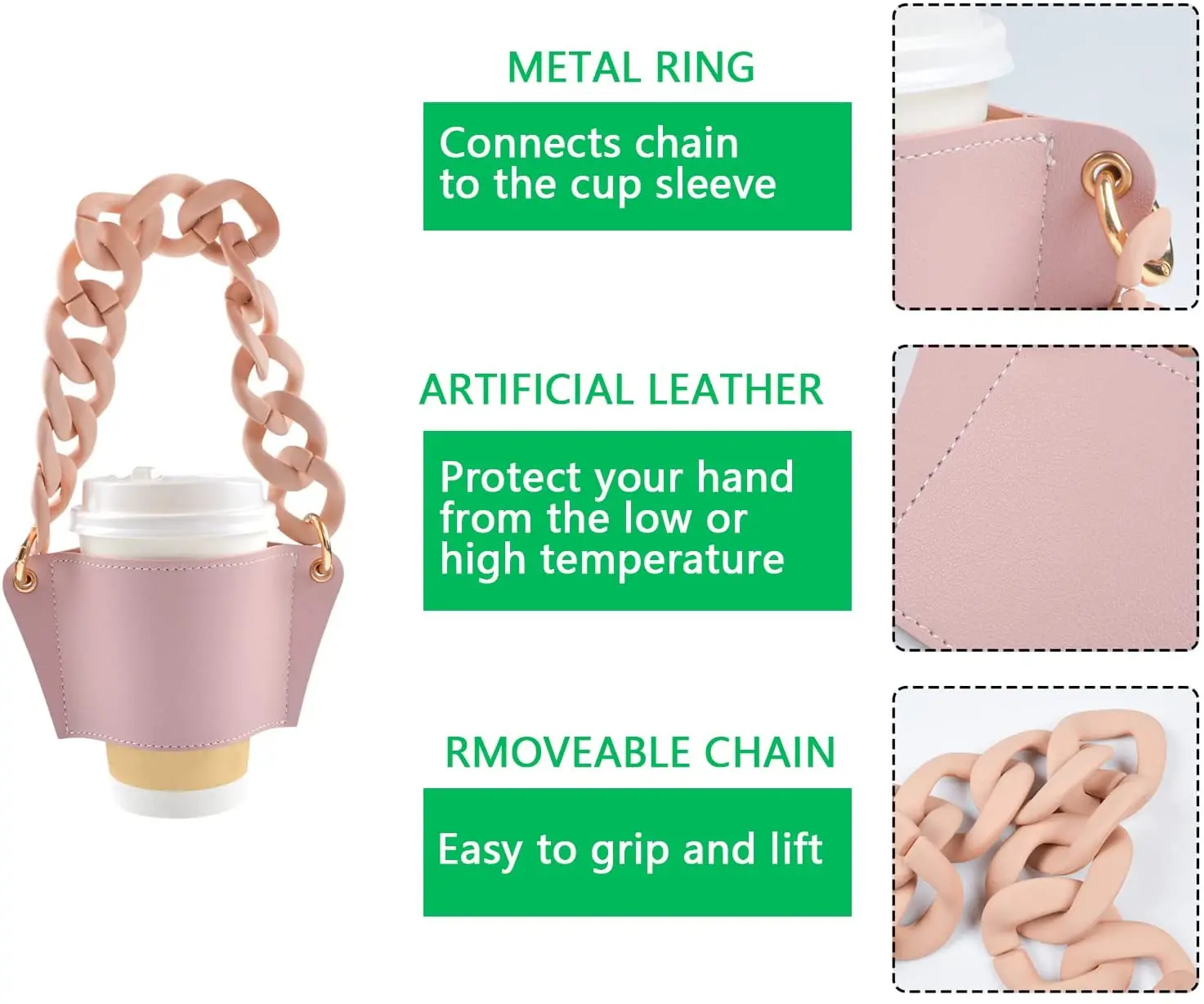 2021 new reusable PU leather coffee tea cup sleeve big acrylic chain strap outdoor glass water cup sleeves for coffee