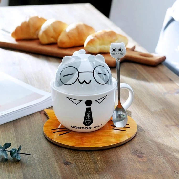 
Ins Creative Cartoon Cat Ceramic Cup Mug Simple Couple Drinking Breakfast Coffee Cup with Lid 