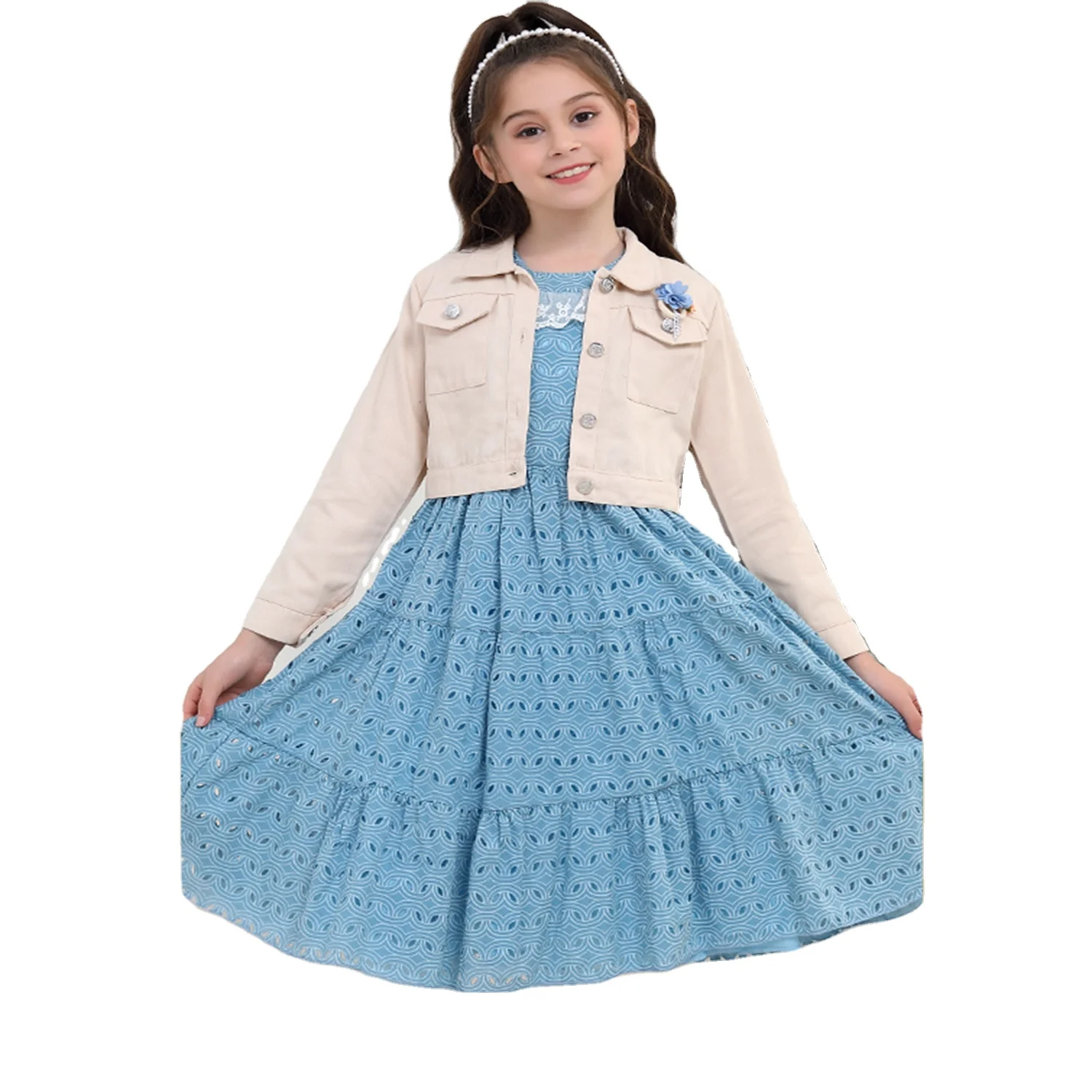 Spring/Autumn Girl Solid Color Dress 2024 New Little Girl Beautiful Dress Children Fashionable Floral Clothing