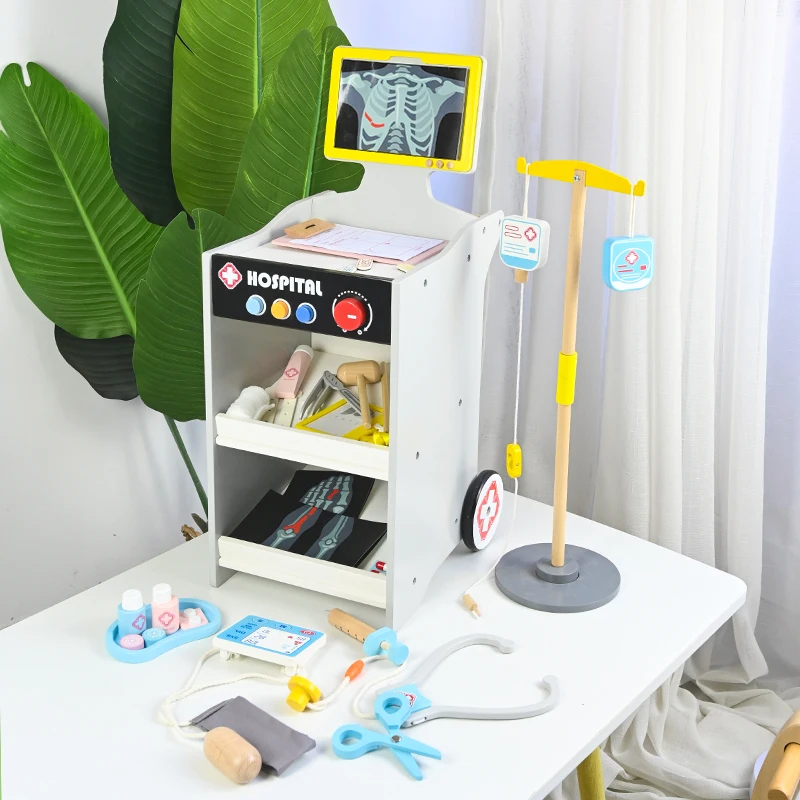 Wooden Children Doctor Play House Pet Medicine Box Medical Kit Hospital Simulation Doctor Toys Trolley Cart Set