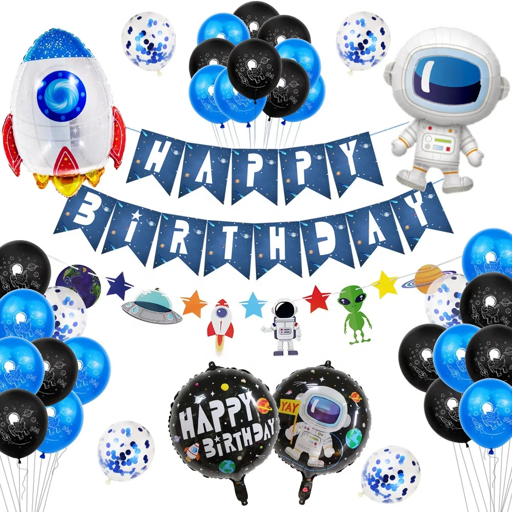 RUI YI Outer Space Happy Birthday Foil Rocket Spaceman Balloons Kids Planet Themed Party Supplies Foil Balloon Sets