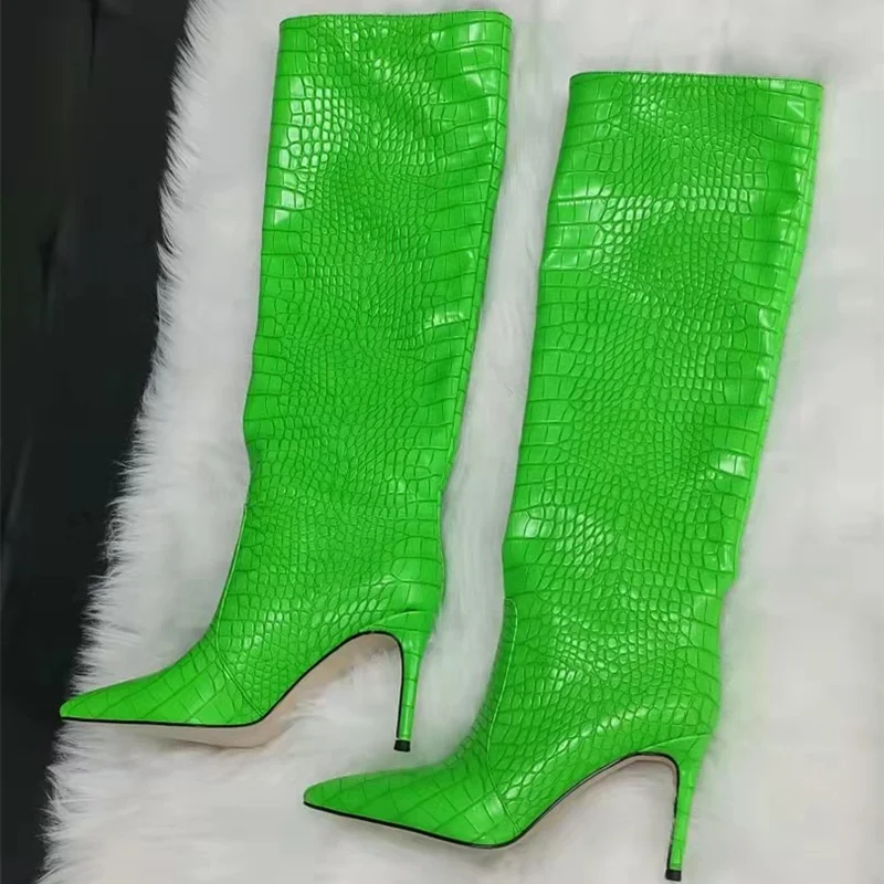 Pointy Toe Great Quality Leather Boots Fresh Green Slip-on Crocodile Print Knee High Boots for Women High Heel Size 43