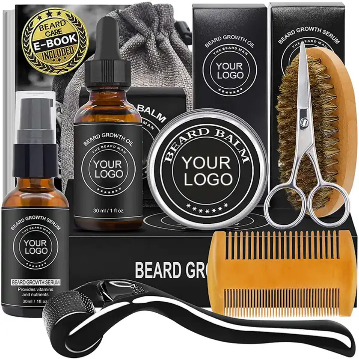 Custom logo oem beard growth kit natural organic beard oil beard kit for men grooming care set