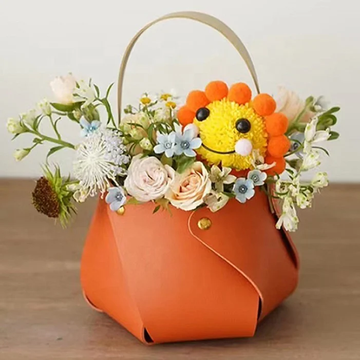 PU Leather Flower Holder Customizable Bouquet Basket Arabic Wedding Decorations Wedding Candy Package Bags Flowers Box