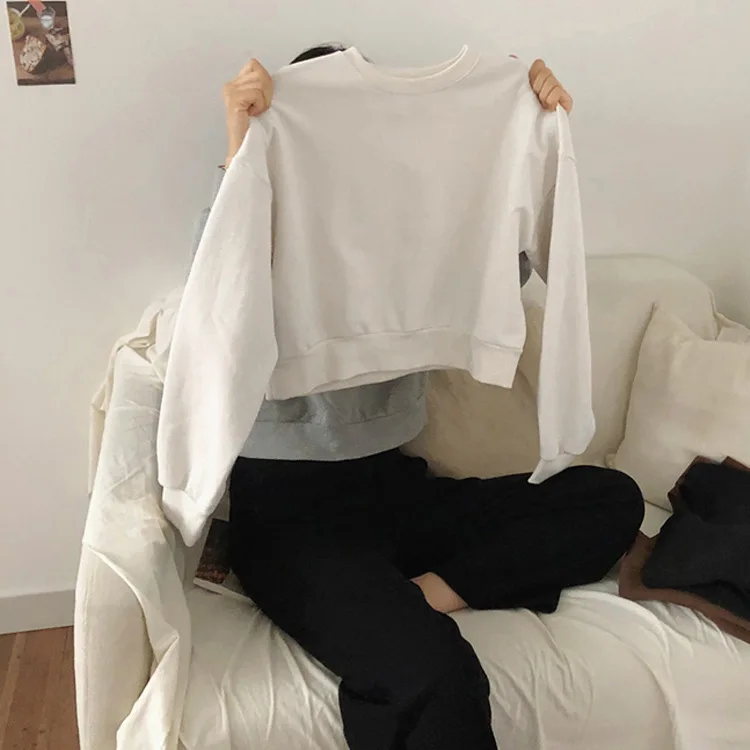 Оптовая продажа модный однотонный 100% хлопковый французский махровый свитер для осени женские укороченные толстовки с капюшоном