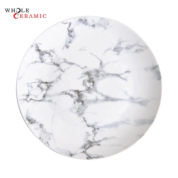 WtP01 Restaurant Dinner Pizza Decor Dessert Charger Serving Dishes, White And Black Marble Crockery Ceramic Plate Set