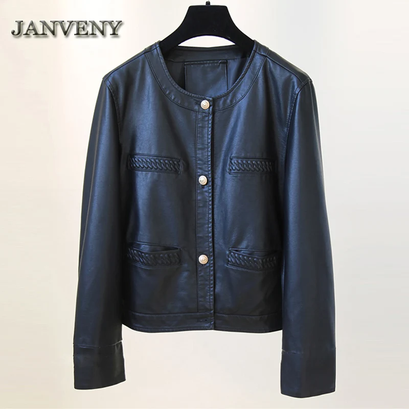 JANVENY 2023 New Spring Autumn Short Leather Coat Women Round Neck Loose Fit Motorcycle Pu Leather Faux Sheepskin Cropped Jacket