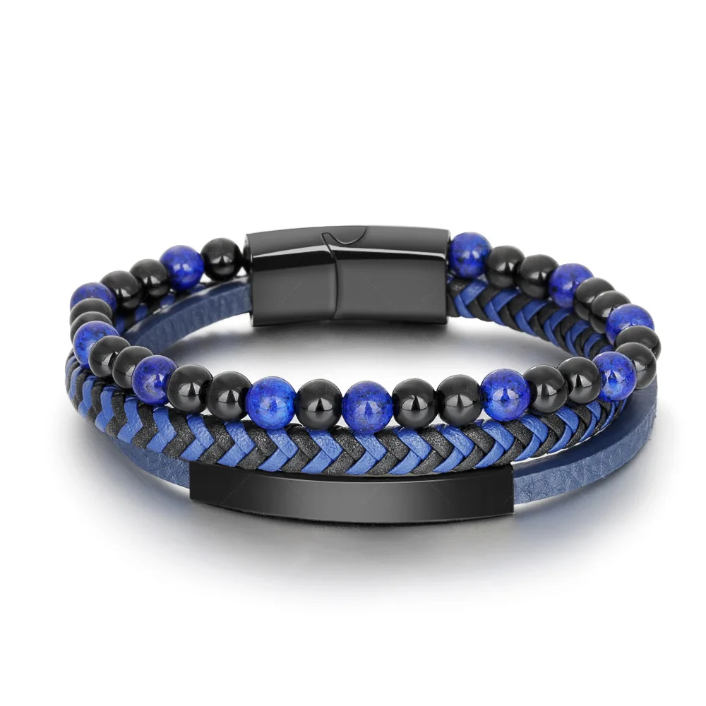 Cool Triple Layers Leather Lava Stone Beaded Bracelet Stainless Steel Buckle Genuine Leather Braided Bracelet For Men