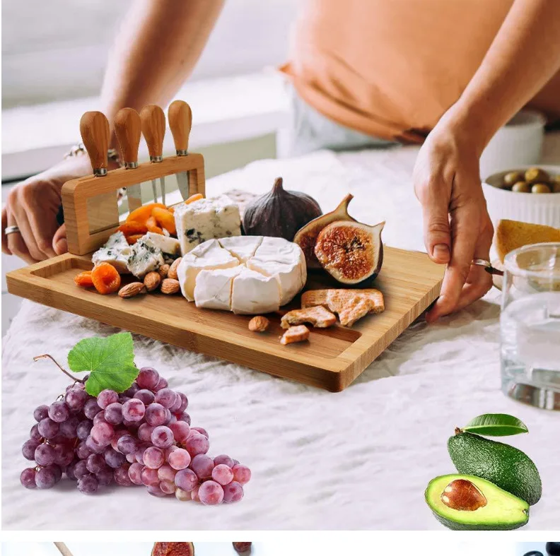 2022 EU & US top seller Large Bamboo Cheeses board and cheese Charcuterie wood plate Board Set with 4 Knives