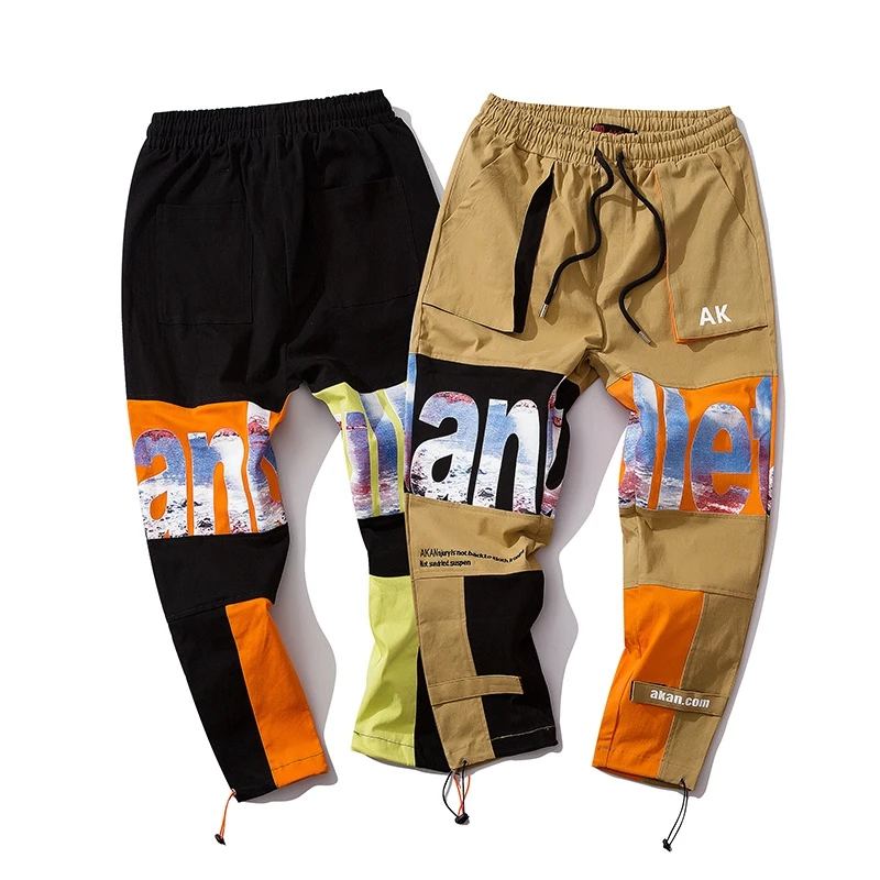 
High Street HIP HOP Letter Printed Splicing Men Khaki Baggy Pants Mens Baggy Chino Trousers Pants Wide Hips Pants 