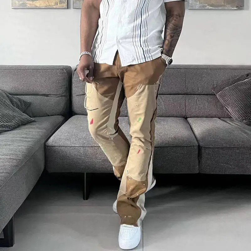 Wholesale Mens Jogger Pants Sweatpants Patchwork Trousers Custom Paint Splatter Print Raw Edge Hem Flare Pants