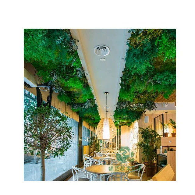 Zhen xin qi crafts  Hotel Restaurant Green Leaf Grass Wall Panel Greenery Artificial Ceiling Hanging Leaves Plant