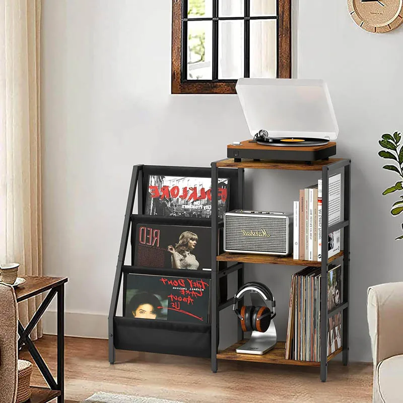 Home Living Room Furniture Steel Wood Vinyl Table with Record CD Storage Rack Shelf Magazine Rack Player Stand