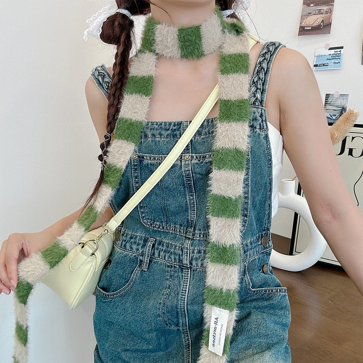 Korean Style Y2K Striped Plush Scarf for Women Autumn Winter Thin Narrow Long Design All-Match Decorative Scarf for Spice Girls