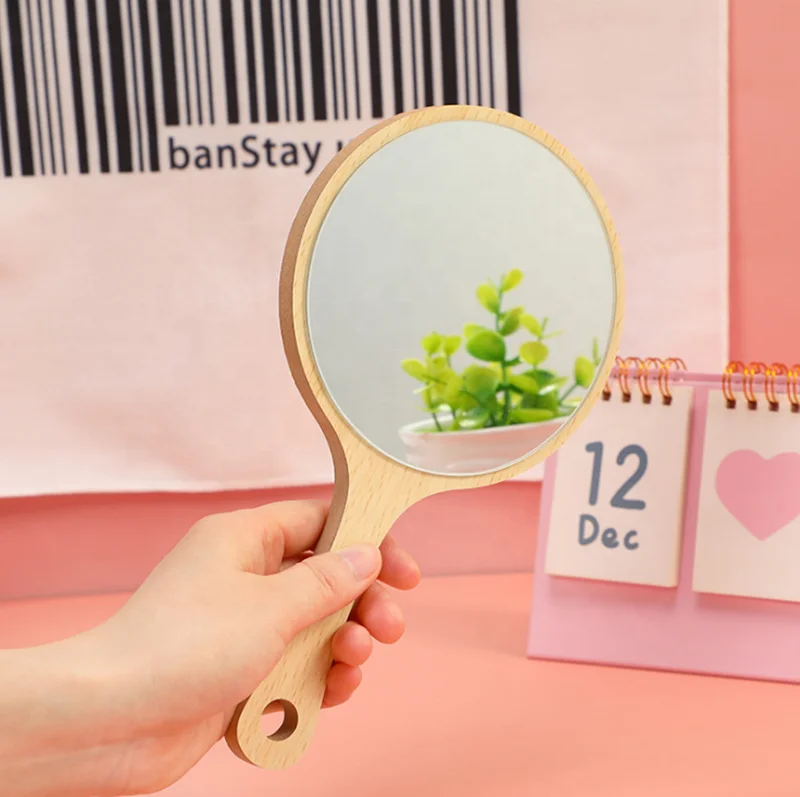 New Animal Shape Makeup Mirror Wood Handle Cosmetic Hand Pocket Mirror High Clear Glass Cat Dog Bear Ear Mirror