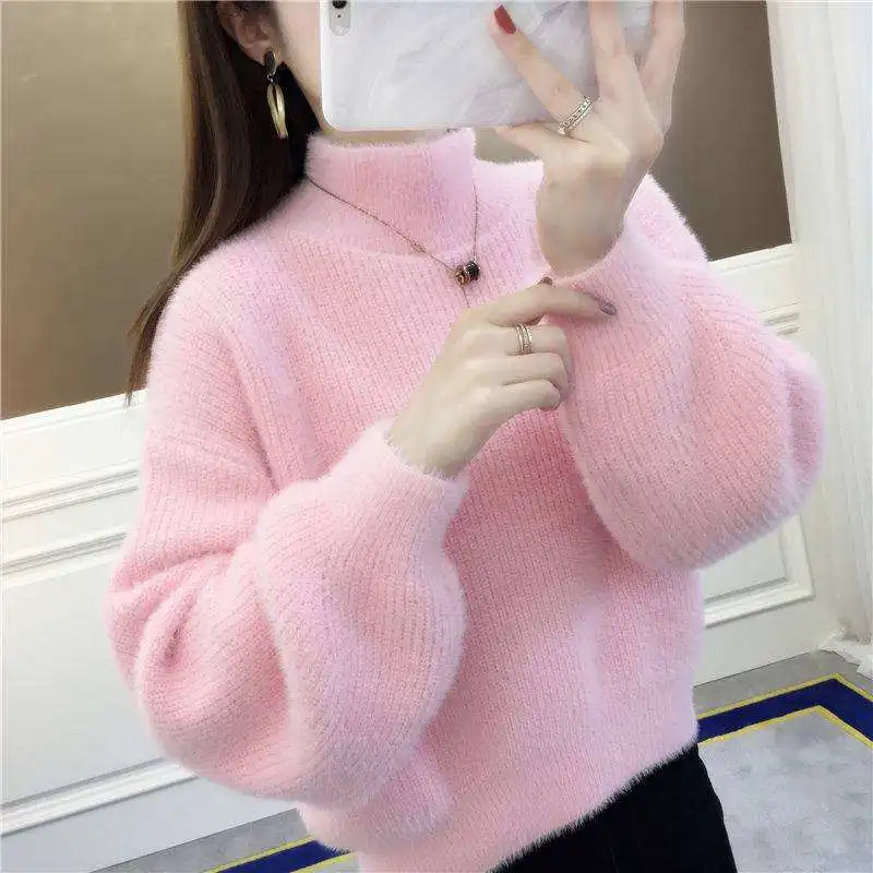 Wholesale New Arrival Fashion women middle high neck batwing sleeve super soft mohair pullover sweater