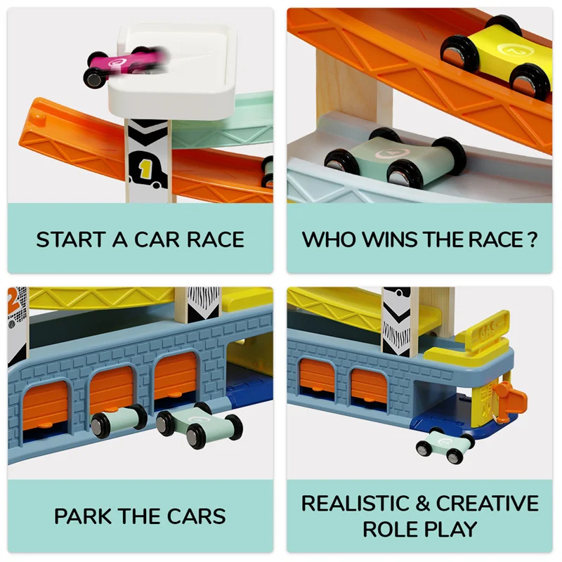 TopBright Toddler Baby Motor Skills Race Tracks Car Ramp Vehicle Playsets Wooden Race Track Car Ramp Toys
