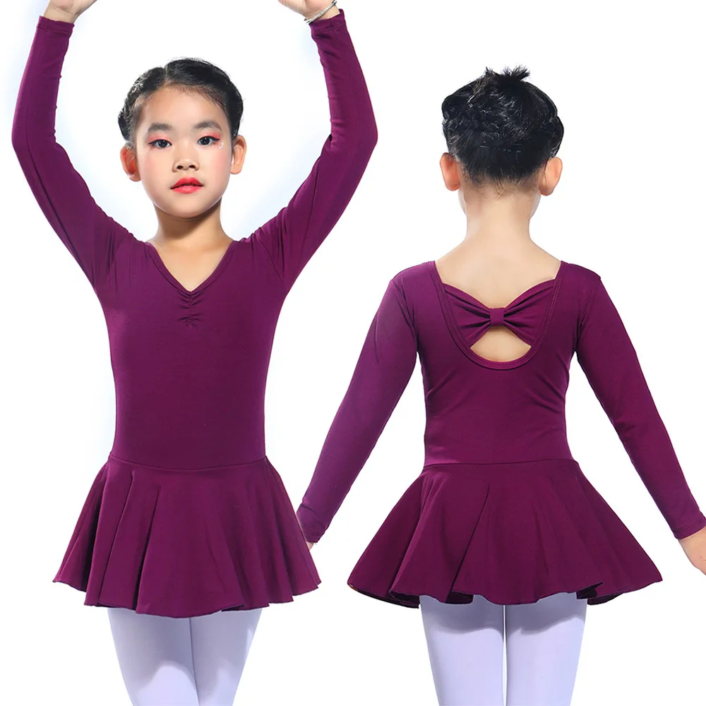 Spring Autumn Solid Color Long Sleeve Cotton Breathable Princess Girls Ballet Dance Dress Kids Performance Dancing Wear