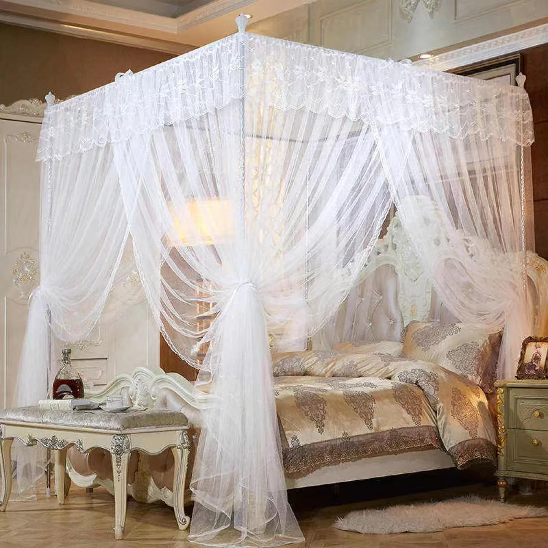Square Rectangular Canopy White Color Palace Mosquito Net Double Bed Queen Size Bed Size Mosquito Net