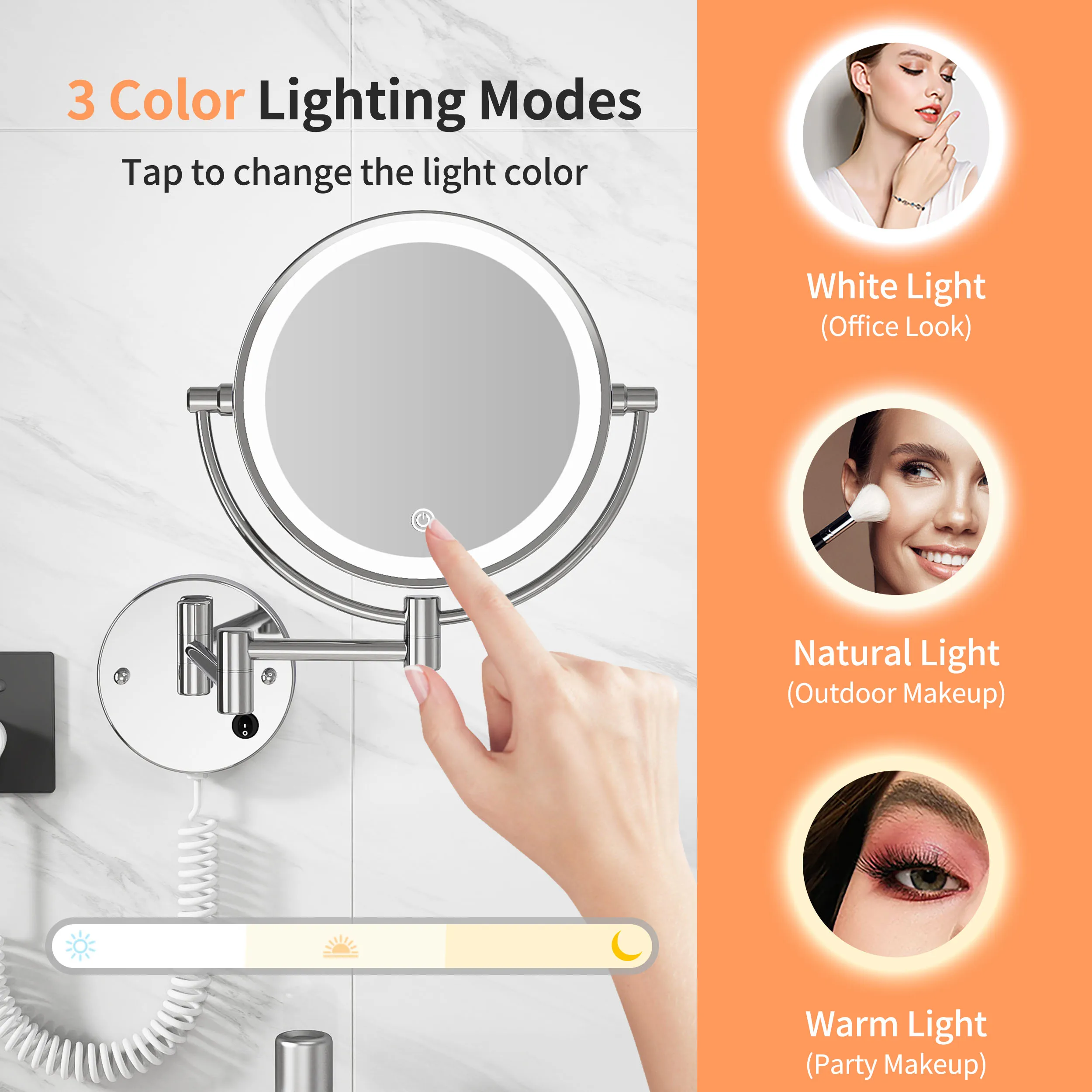 Round Extended Arm 360 Rotation Cosmetic Metal With Led Light Lighted Vanity 8 Inch Wall Mounted Makeup Mirror