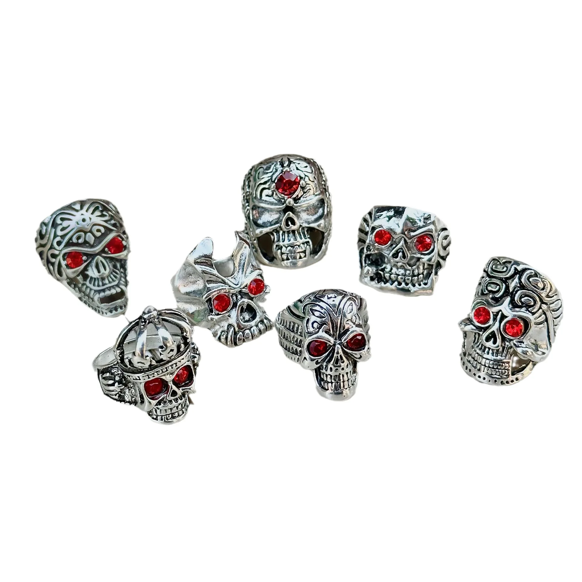 European American Inlay Diamond Ring Gothic Red Eye Skull Ring Antique Silver Plated Rings for Men Vintage