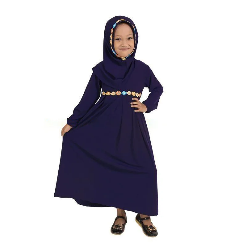 Beautiful Islamic Girl Long Sleeve Dress Wholesale two piece set Muslim women hijab dress with hijab for Children Girls