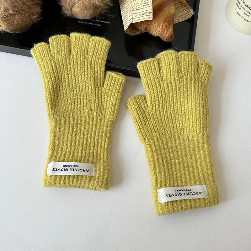 Touch Screen Solid Color Wool Knitted Gloves Korean Version Label Half Finger Hand Gloves Harajuku Style Warm Winter Gloves
