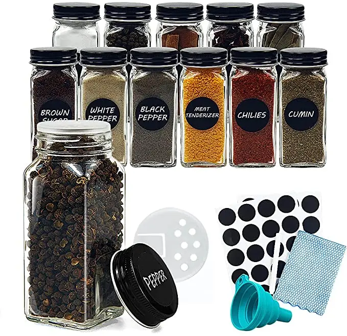 4-Pack Labeled Glass Spice Jars, 4 oz Spice Bottle Containers with Shaker Lid and Black Metal Lid for Spice Racks, Cabinets