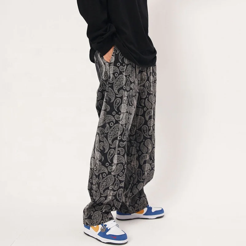 Men Vintage Plus Size Pants Men Washed and Full Print Hip Hop Style Man Wide Leg Pants