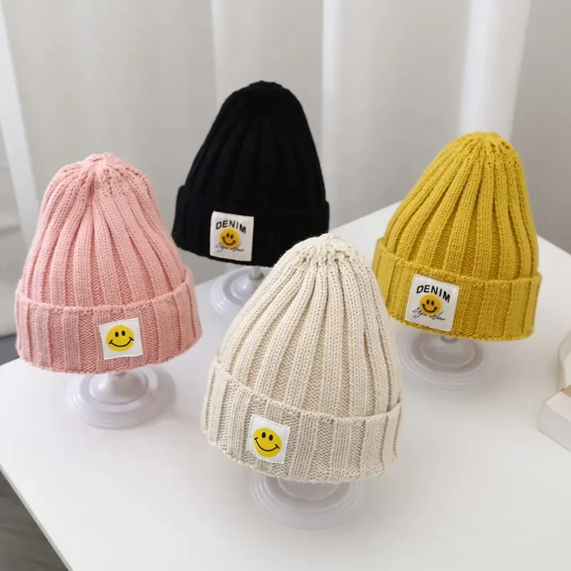 Kids women spring autumn Candy colors Warm hats winter cute knitted Smiley Face Wool Beanie Hat