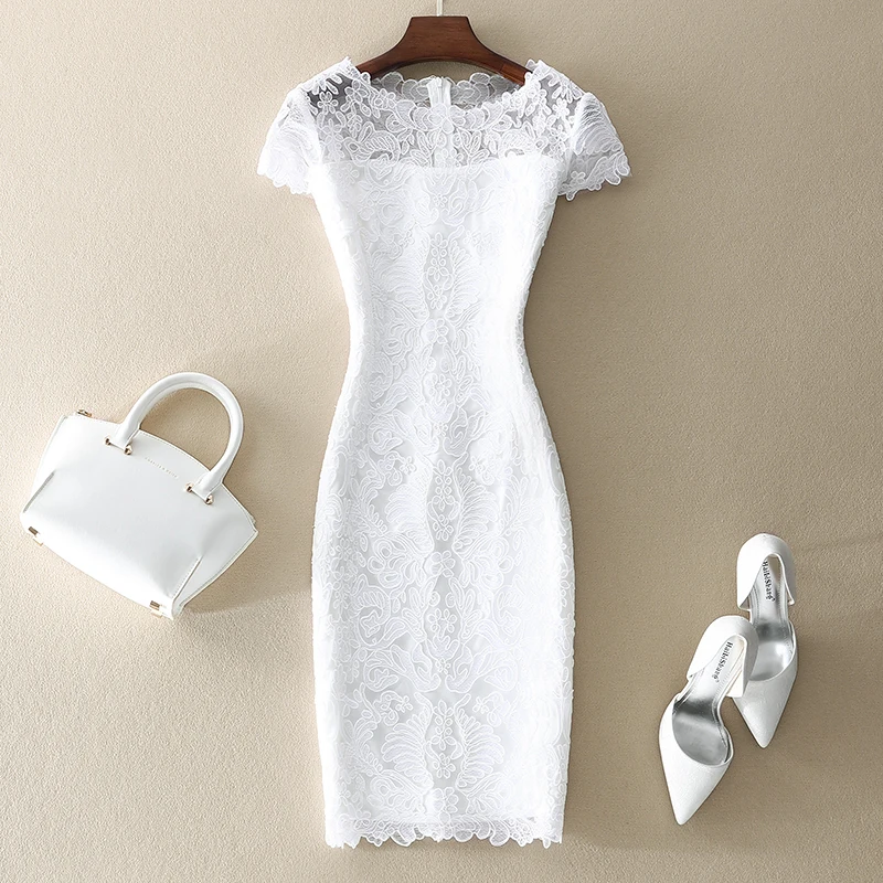
Pure White Dress Summer Lace Bag Hip Mesh Female Short Sleeve Temperament Hepburn Style White Dress 