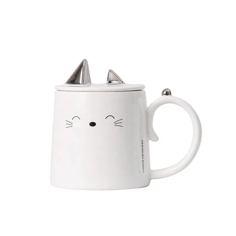 Wholesale Cute Cartoon Cat Ceramic Mug Creative 3D Cat Ear Lid Ceramic Mug with Mobile Phone Holder Lid