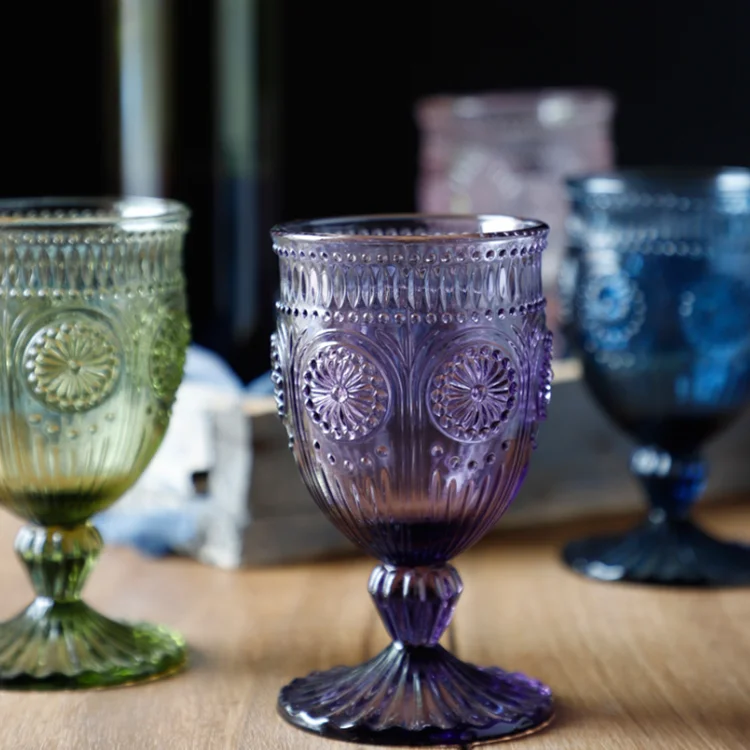 Aeofa Colorful glass vintage sunflower pattern retro glass goblet wine glass red wine goblets glassware wedding 330ml