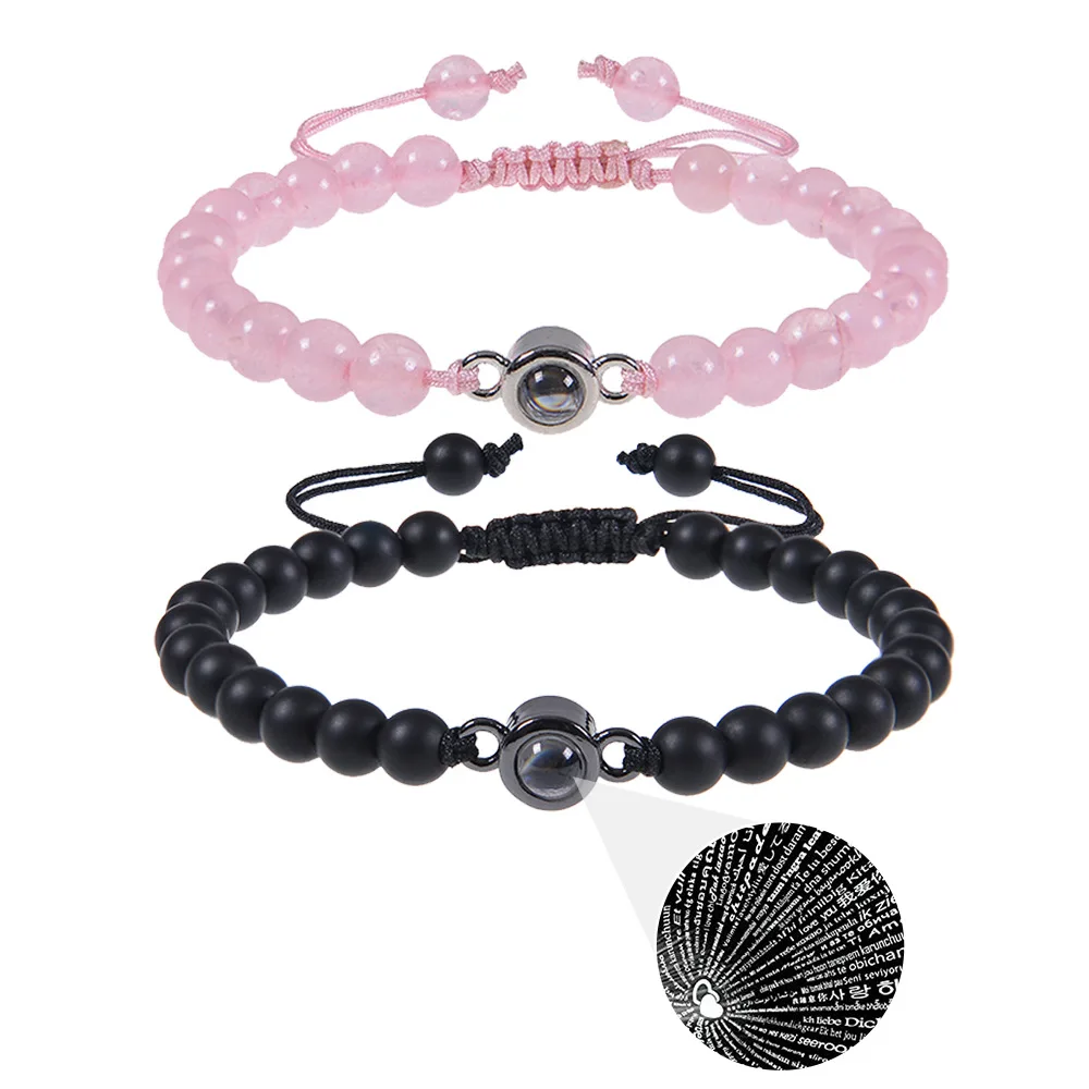 2024 New Fashion 100 Languages Projection Love Pink Crystal Frosted Stone Gift Couple Bracelet For Women