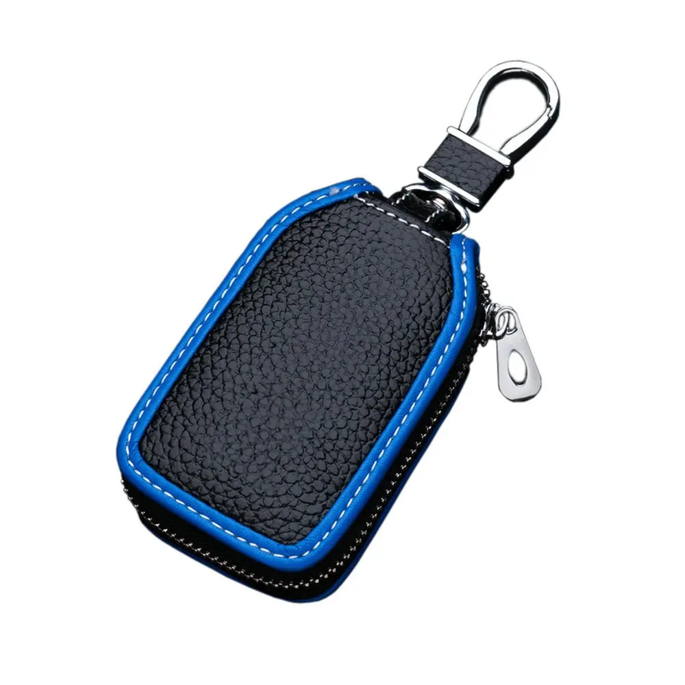 High quality leather automatic key fob holder smart key chain protective cover with metal hook and zipper