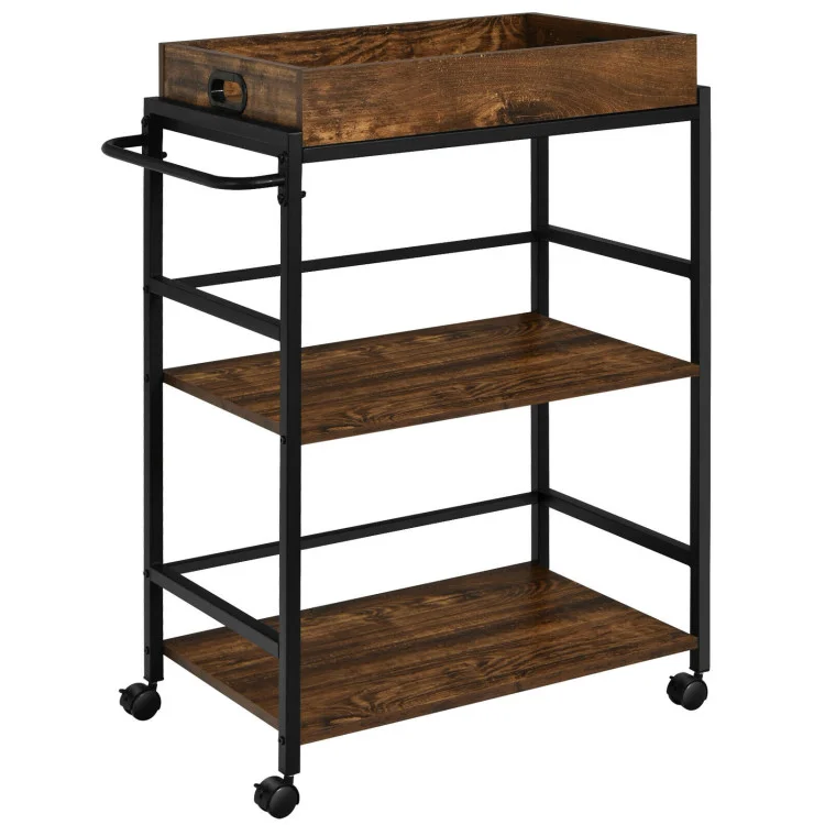 Home Organization Kitchen Living Room 3 tier Serving Bar Cart Lockable Trolleys Metal And Wood Storage Rack Rolling Cart