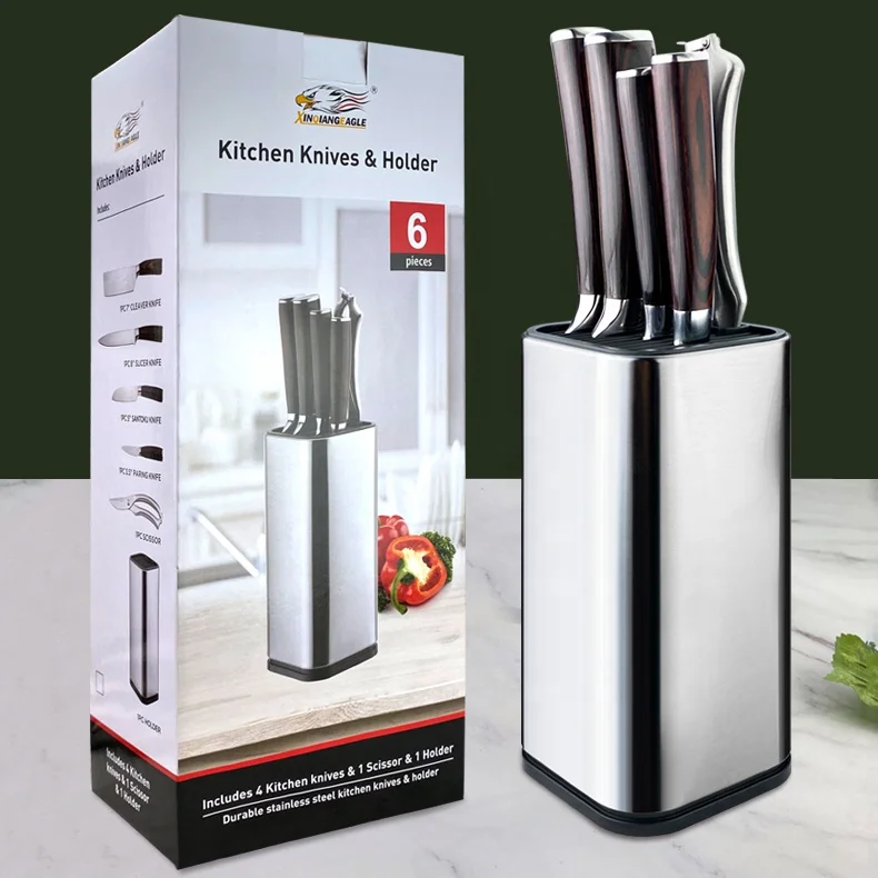 Feixiong OEM Luxury Gift 6PCS Stainless Steel Knife Block Kitchen Knife Set Kitchen Accessories With Knife Holder Utensil Holder