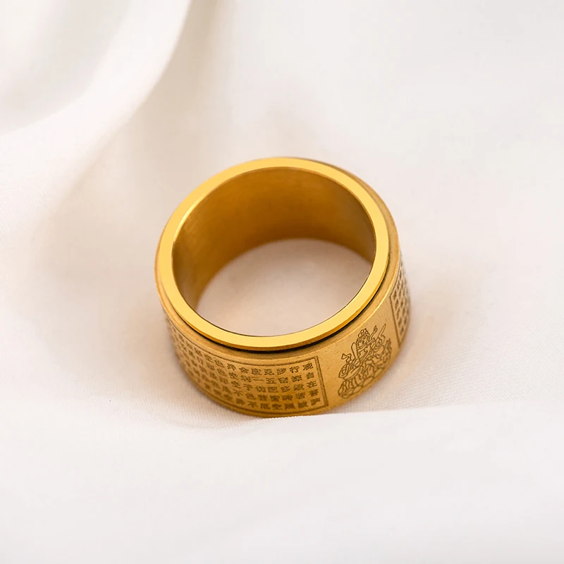 Southeast Asian Trend Personality Stainless Steel Plated 18K Gold Buddhist Heart Scripture Rings