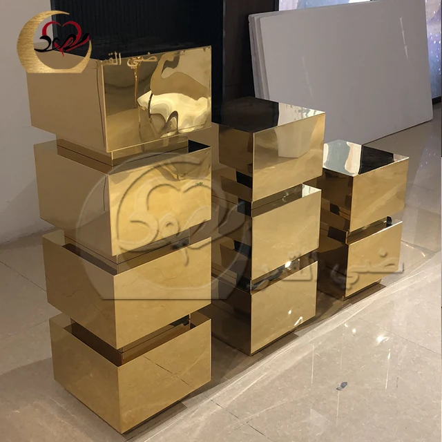 WEdding decor stainless steel cube design flower stand cylinder gold pedestal