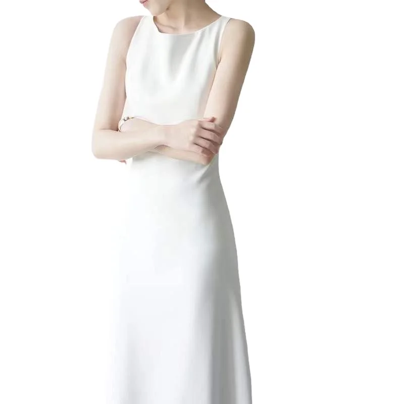 dress Elegant high-waisted over-the-knee white sleeveless small crew neck white vest dress temperament trendy female