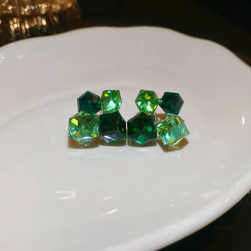 Square green crystal stitching earrings Sen high style all-in-one earrings
