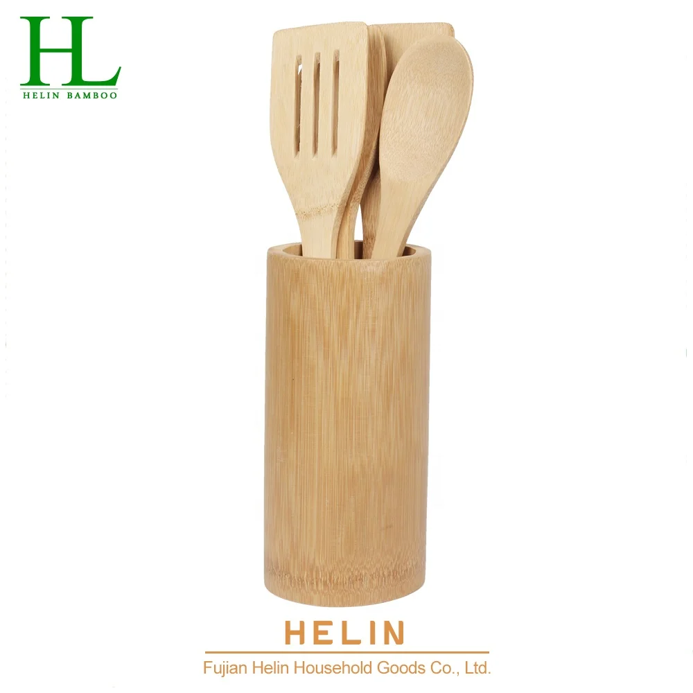 6 Pieces Bamboo kitchen utensils set with holder utensil holder kitchen