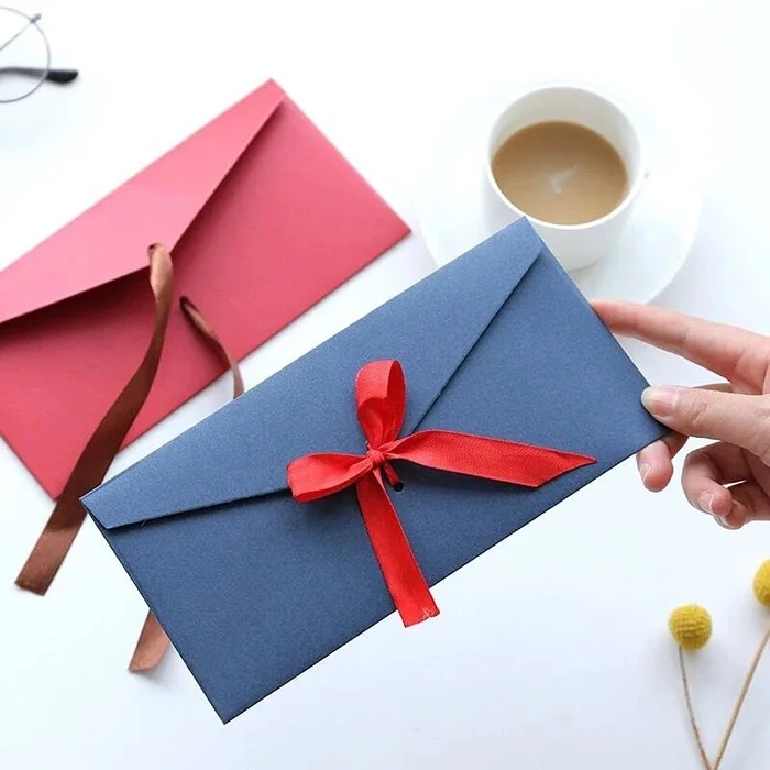 Custom Size Color Hot Sale Wish Card Paper Bag Biodegradable Beautiful Pearl Paper Colorful Envelope With Ribbon Bow