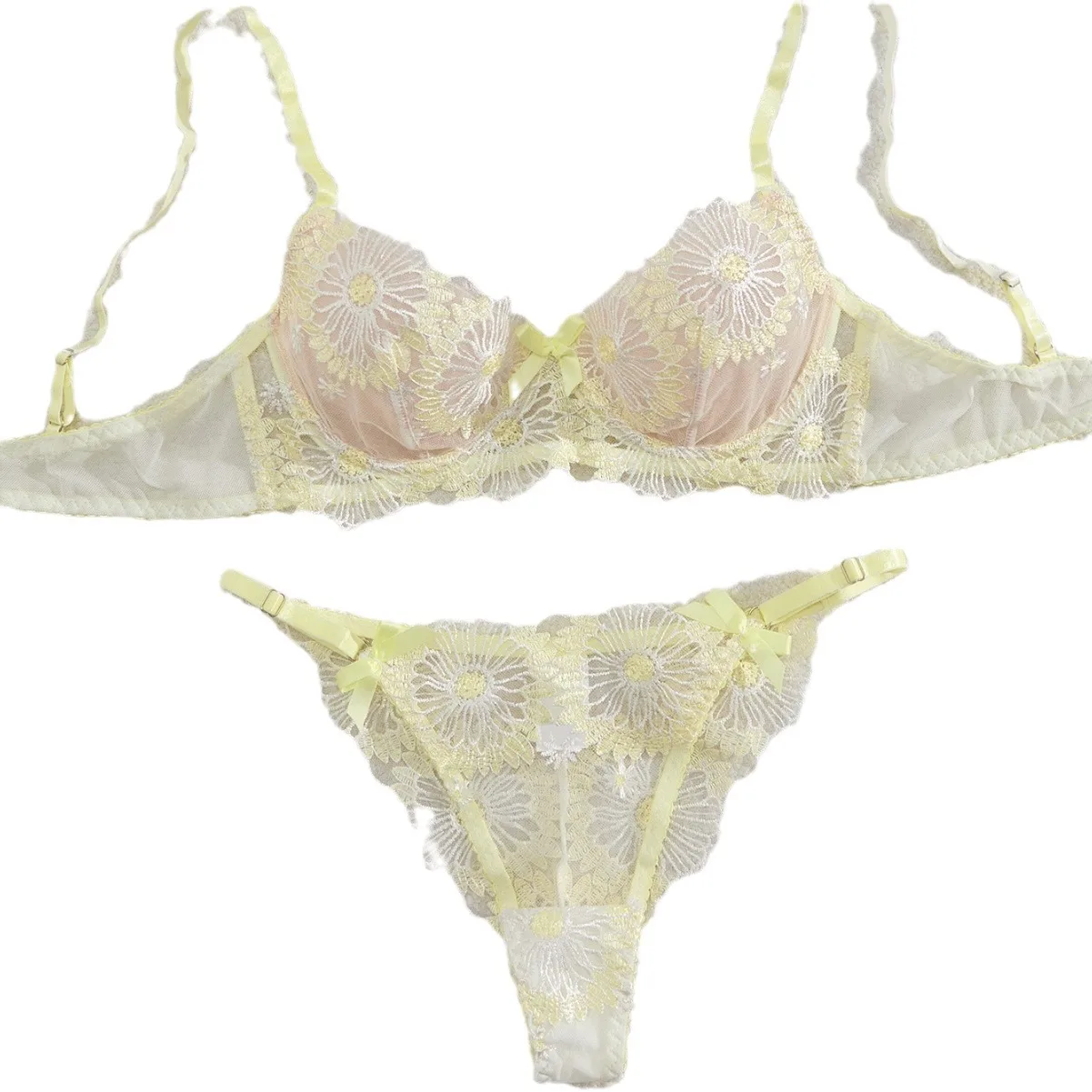 YILIMI High Quality Light Yellow Sexy Lingerie Two Piece Set Floral Embroidery Underwear For Women Sweet Cute Sexy Lingerie Set