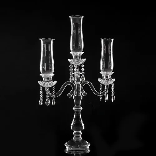 Wholesale tall crystal glass top 3 arms candelabras weddings table decor centerpieces tube candle holders with lampshade