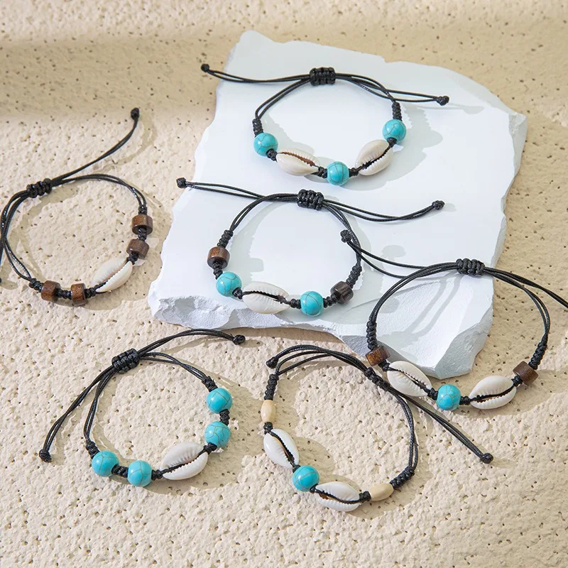 Ocean Style Turquoise Wood Bead Shell Weaving Bracelet Bohemian Tourism Bracelet Commemorative Jewelry Hot Selling