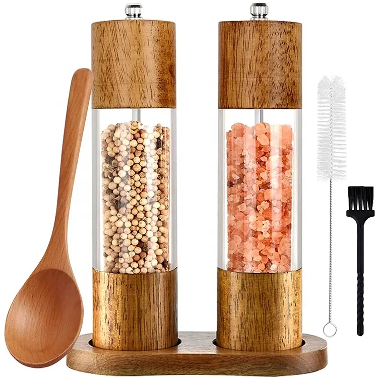 professional wood and food grade acrylic salt and pepper mills sets with Visible Window High-Capacity and Adjustable Coarseness