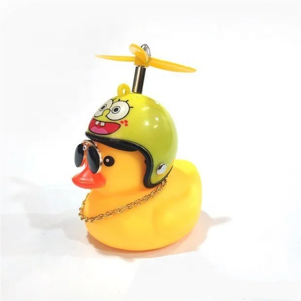 Xmas gift promotional toys novelty mini portable cute yellow light up rubber flashlight bike bell horn light duck with helmet