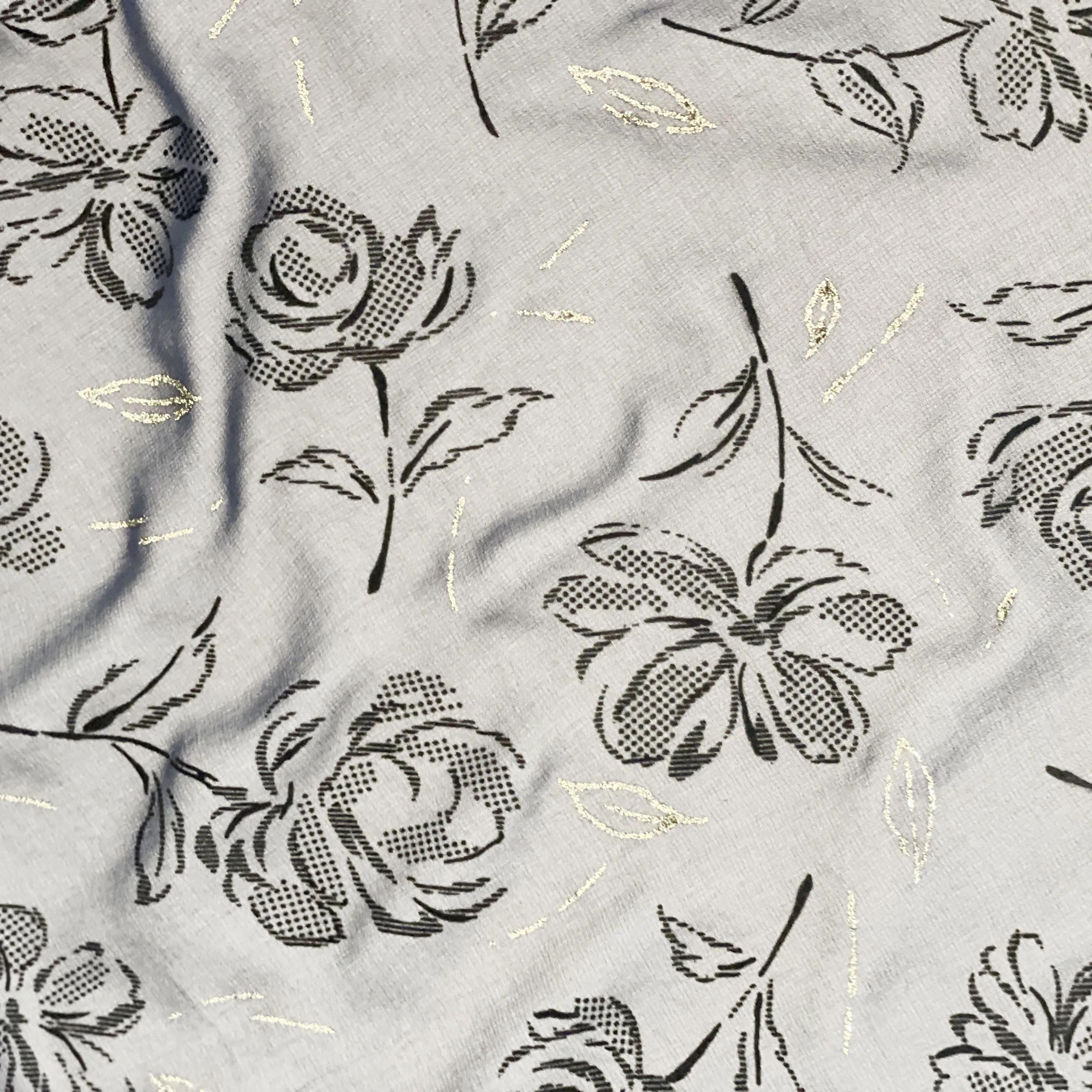 Hot Customized Design FLOCK PRINTING Chiffon Fabric with gold  dust flower  For summer dress and skirt